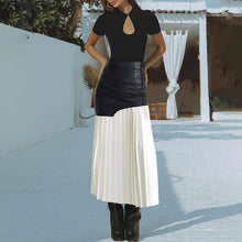 Φόρτωση εικόνας στο εργαλείο προβολής Συλλογής, Ψηλόμεση, μεσαίο μήκος, δερμάτινο συνονθύλευμα γυναικεία πλισέ φούστα με αντίθεση
